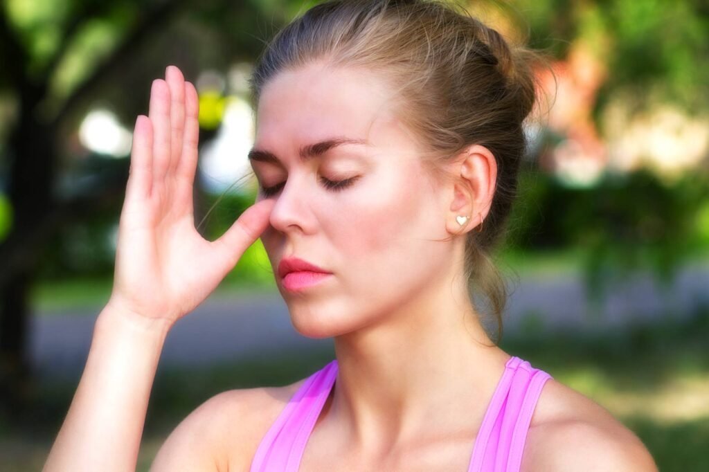 breathing techniques in yoga for stress relief practiced in a calm studio
